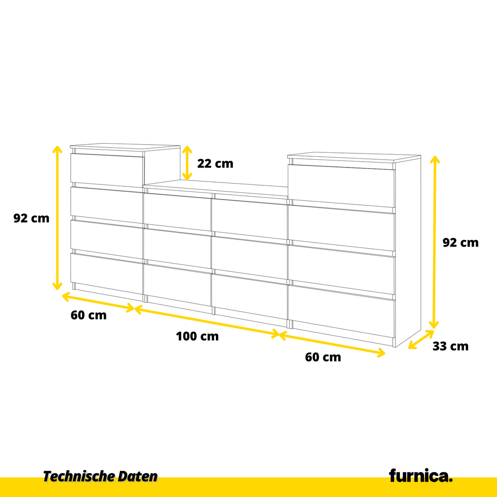 GABRIEL - Kommode / Sideboard mit 14 Schubladen (4+6+4) - Weiß Matt / Anthrazit H92/70cm B220cm T33cm