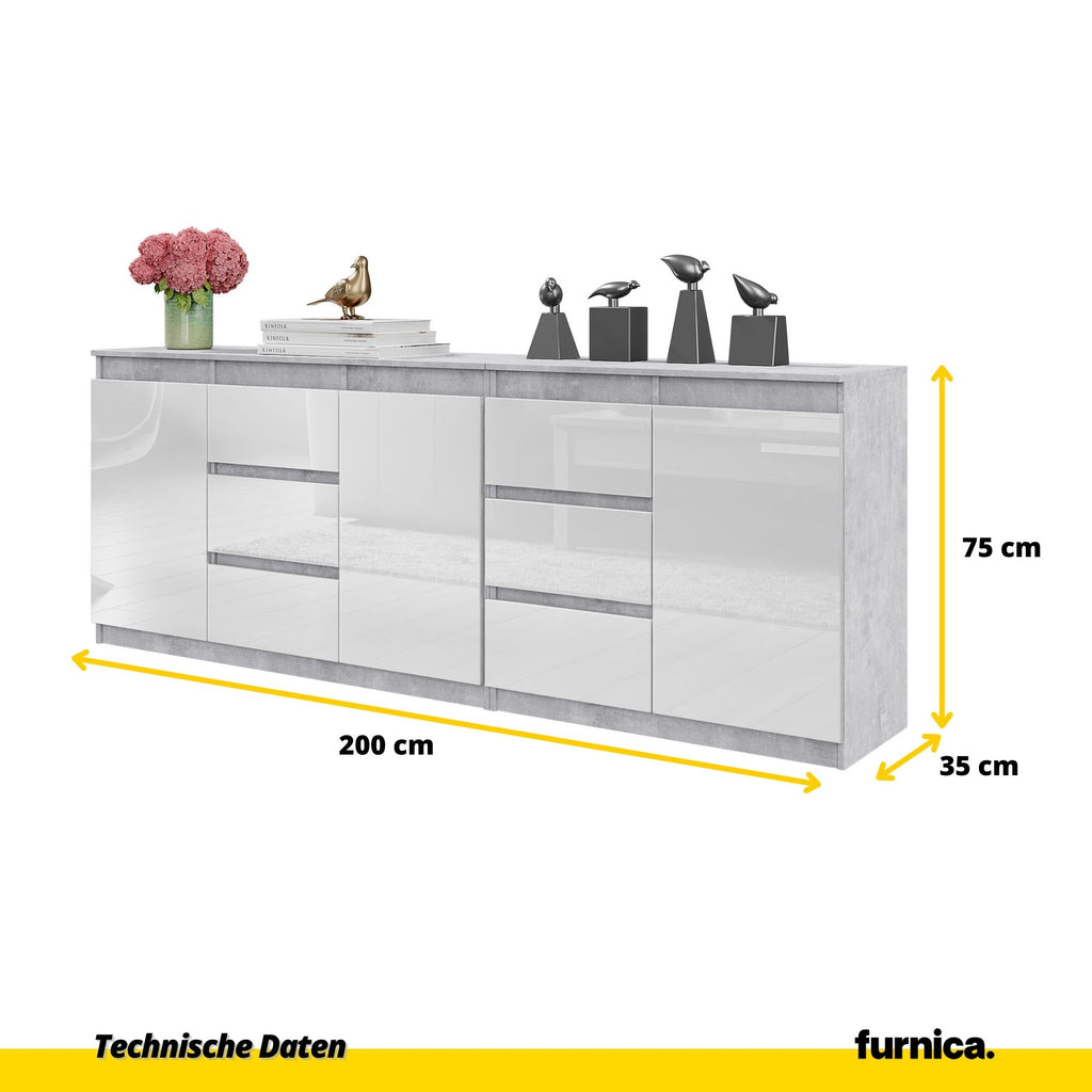 MIKEL - Kommode / Sideboard mit 6 Schubladen und 3 Tür - Beton-Optik / Weiß Gloss H75cm B80cm T35cm