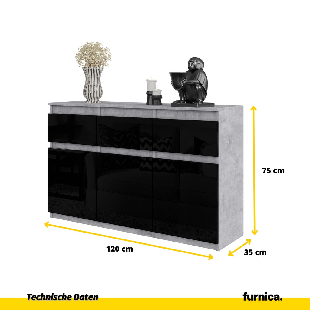 NOAH - Kommode / Sideboard mit 3 Schubladen und 3 Türen - Beton-Optik / Schwarz Gloss H75cm B120cm T35cm