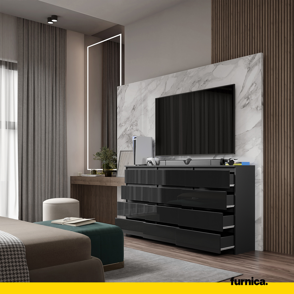 GABRIEL - Kommode / Sideboard mit 12 Schubladen (8+4) - Anthrazit / Schwarz Gloss H92cm B180cm T33cm