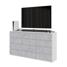 GABRIEL - Kommode / Sideboard mit 12 Schubladen (8+4) - Weiß Matt/ Beton-Optik H92cm B180cm T33cm