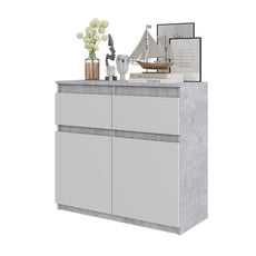 NOAH - Kommode / Sideboard mit 2 Schubladen und 2 Türen - Beton-Optik / Weiß Matt H75cm B80cm T35cm