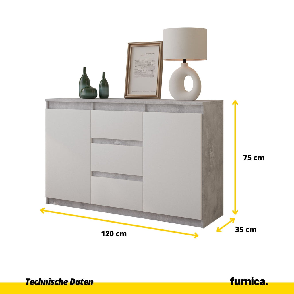 MIKEL - Kommode / Sideboard mit 3 Schubladen und 2 Türen - Beton-Optik / Weiß Matt H75cm B120cm T35cm