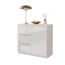 MIKEL - Kommode / Sideboard mit 3 Schubladen und 1 Tür - Weiß Matt / Weiß Gloss H75cm B80cm T35cm