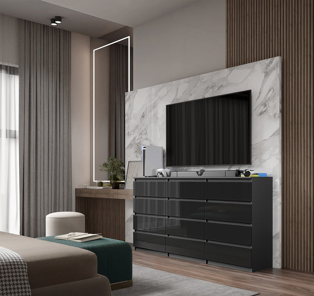 GABRIEL - Kommode / Sideboard mit 12 Schubladen (8+4) - Anthrazit / Schwarz Gloss H92cm B180cm T33cm