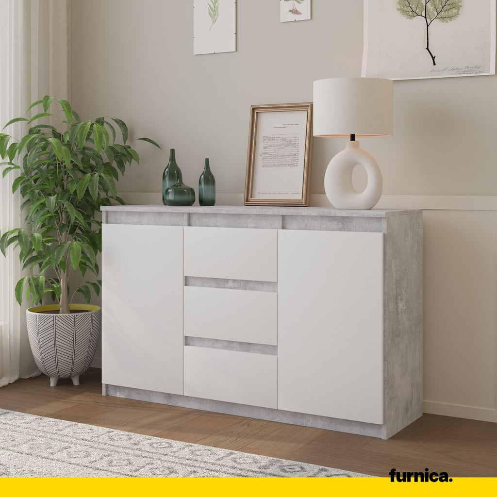 MIKEL - Kommode / Sideboard mit 3 Schubladen und 2 Türen - Beton-Optik / Weiß Matt H75cm B120cm T35cm