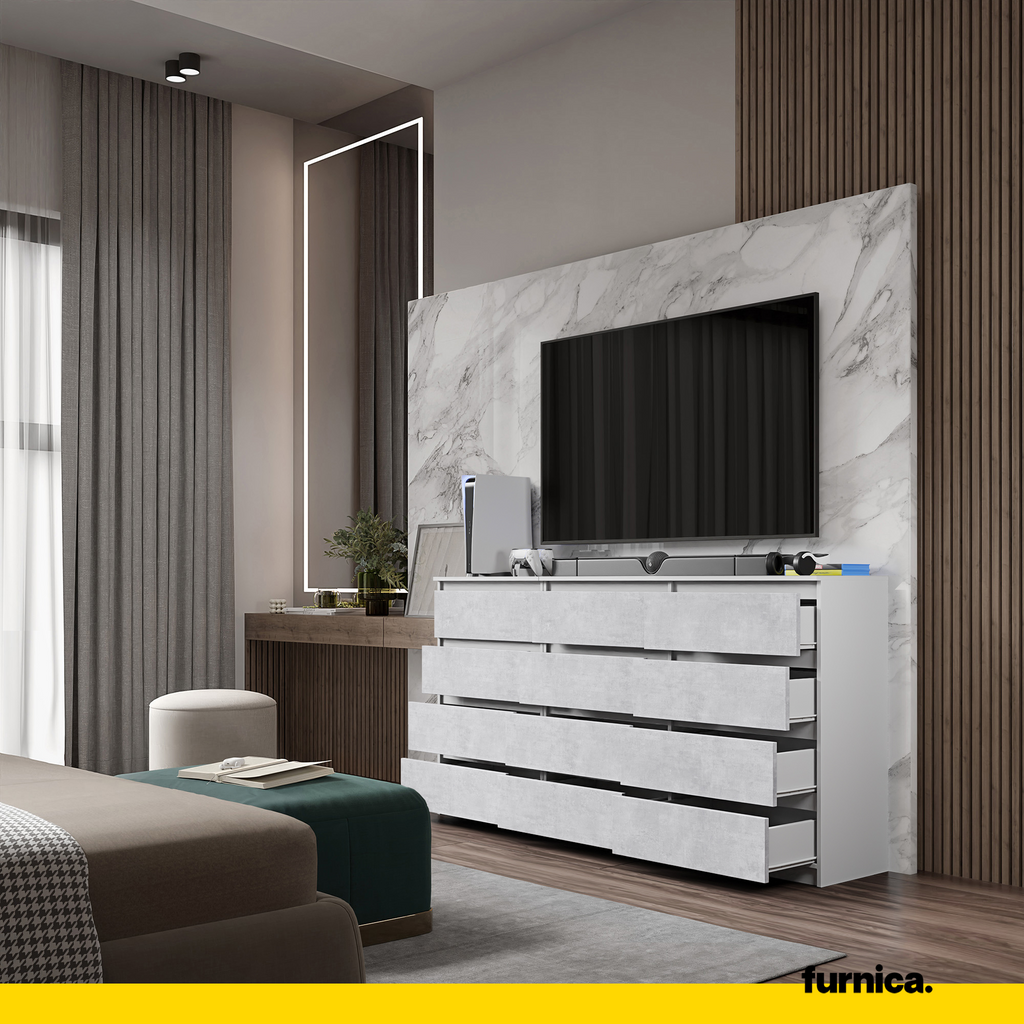 GABRIEL - Kommode / Sideboard mit 12 Schubladen (8+4) - Weiß Matt/ Beton-Optik H92cm B180cm T33cm