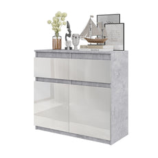NOAH - Kommode / Sideboard mit 2 Schubladen und 2 Türen - Beton-Optik  / Weiß Gloss H75cm B80cm T35cm
