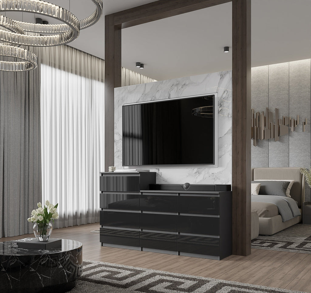 GABRIEL - Kommode / Sideboard mit 10 Schubladen (6+4) - Anthrazit / Schwarz Gloss H92/70cm B160cm T33cm