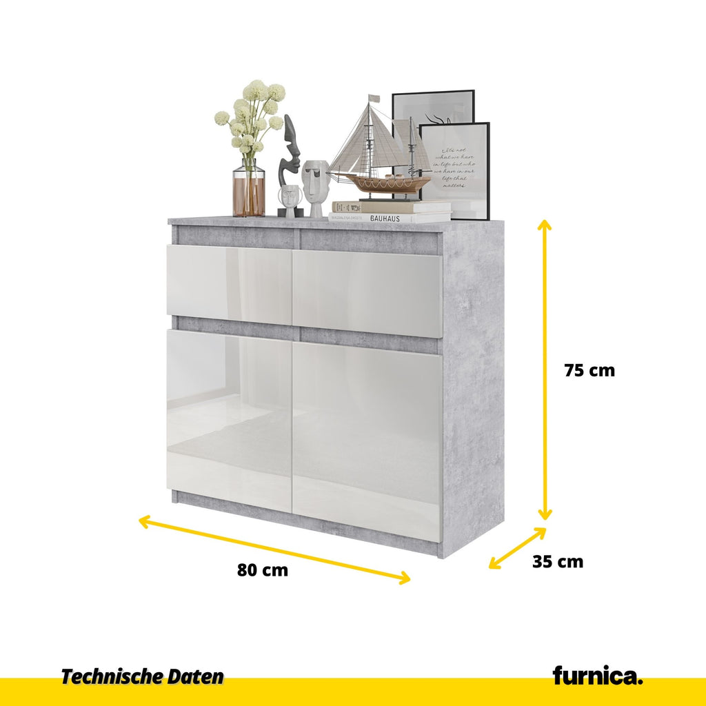 NOAH - Kommode / Sideboard mit 2 Schubladen und 2 Türen - Beton-Optik / Weiß Gloss H75cm B80cm T35cm