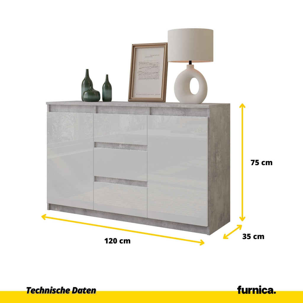 MIKEL - Kommode / Sideboard mit 3 Schubladen und 2 Türen - Beton-Optik / Weiß Gloss H75cm B120cm T35cm