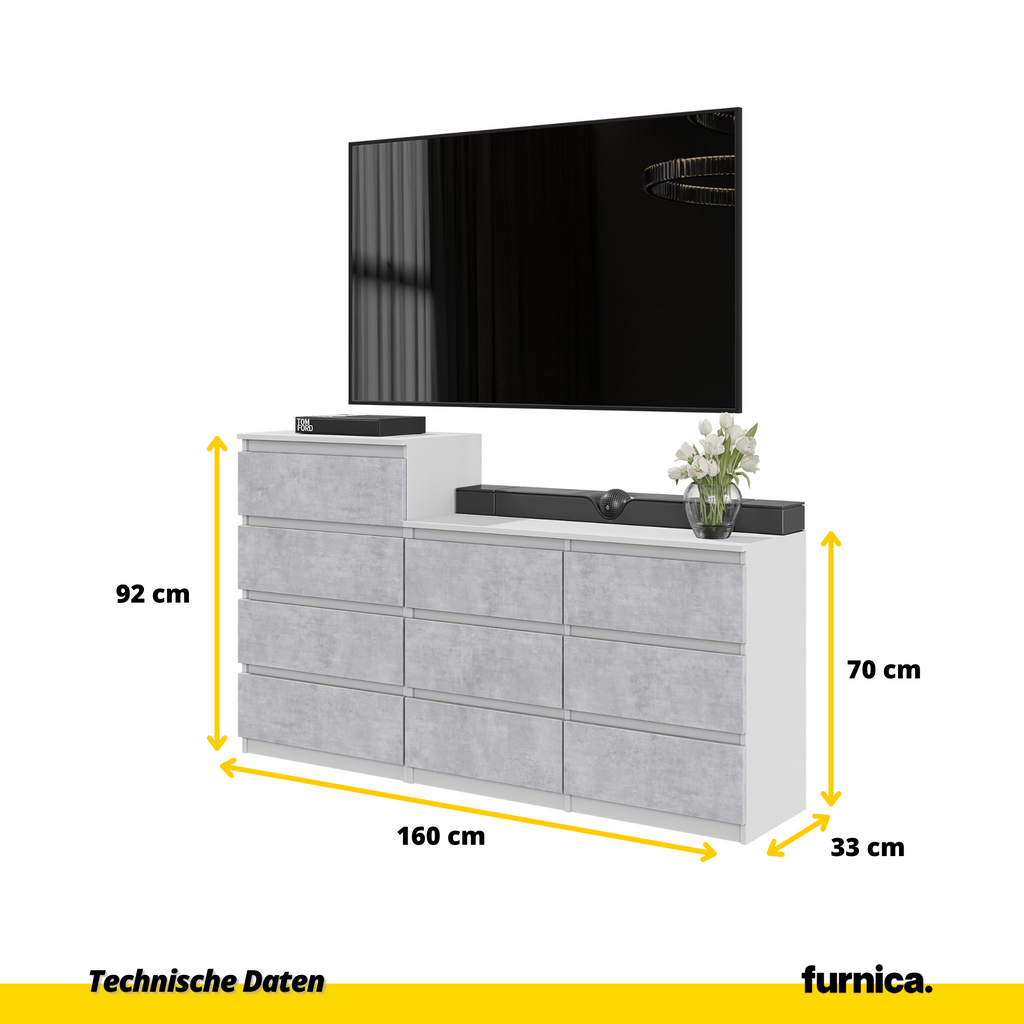 GABRIEL - Kommode / Sideboard mit 10 Schubladen (6+4) - Weiß Matt / Beton-Optik H92/70cm B160cm T33cm