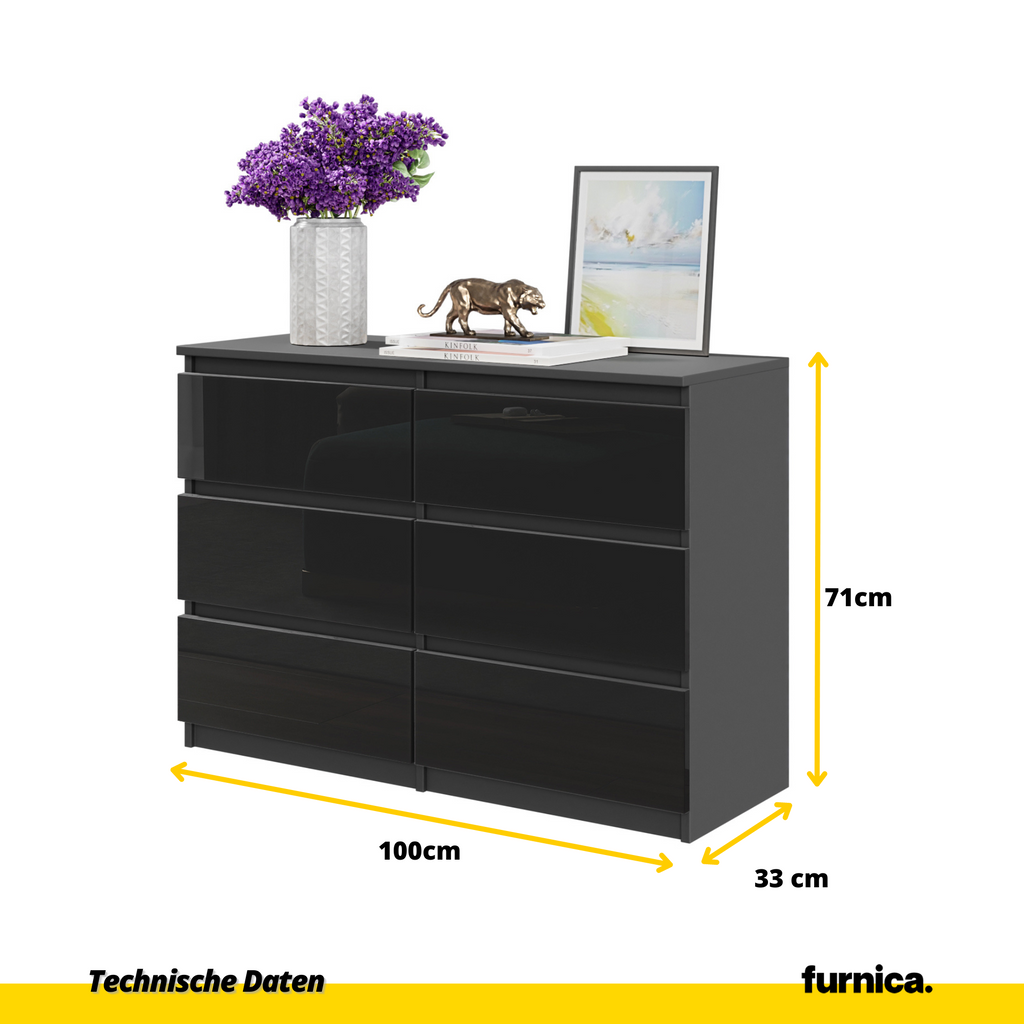 GABRIEL - Kommode / Sideboard mit 6 Schubladen - Anthrazit / Schwarz Gloss 71cm B100cm TD33cm