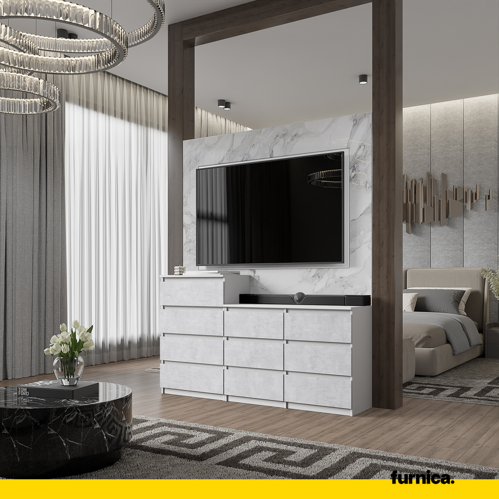 GABRIEL - Kommode / Sideboard mit 10 Schubladen (6+4) - Weiß Matt / Beton-Optik H92/70cm B160cm T33cm