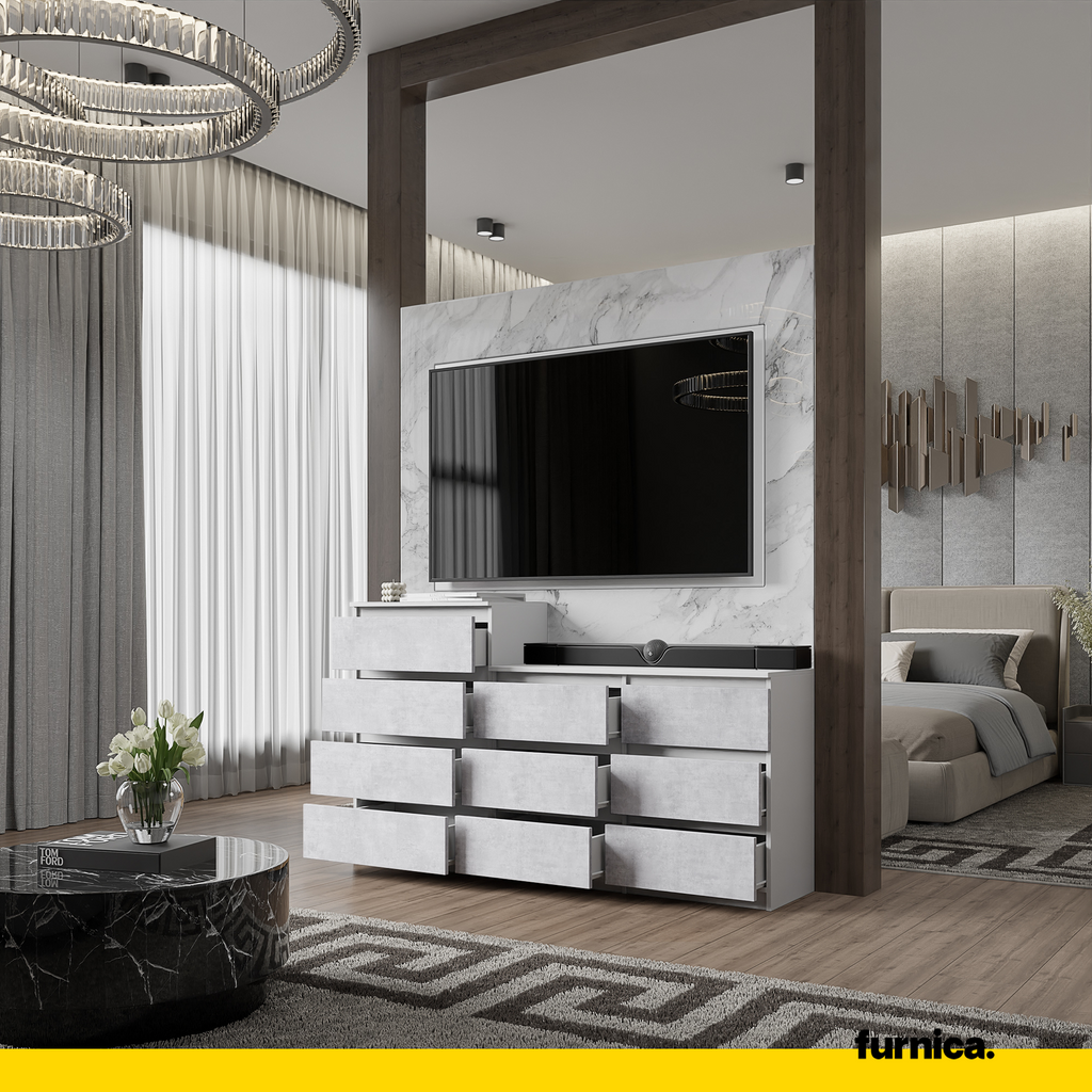 GABRIEL - Kommode / Sideboard mit 10 Schubladen (6+4) - Weiß Matt / Beton-Optik H92/70cm B160cm T33cm
