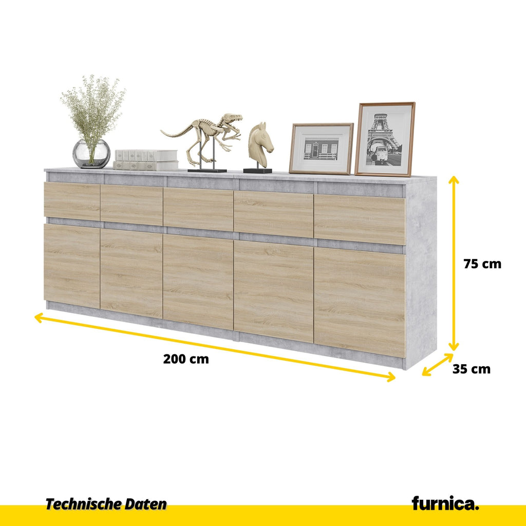 NOAH - Kommode / Sideboard mit 5 Schubladen und 5 Tür - Beton-Optik / Sonoma Eiche H75cm B80cm T35cm