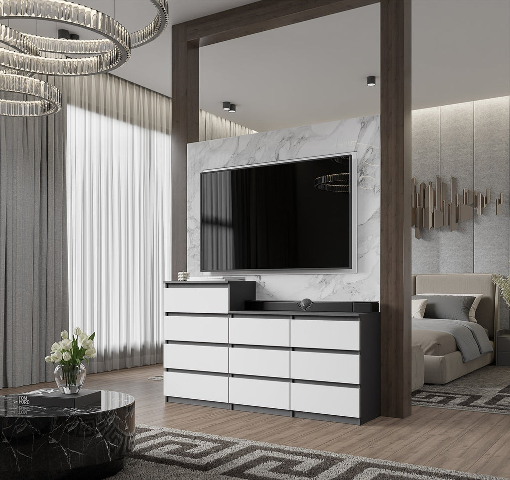 GABRIEL - Kommode / Sideboard mit 10 Schubladen (6+4) - Anthrazit / Weiß Matt H92/70cm B160cm T33cm