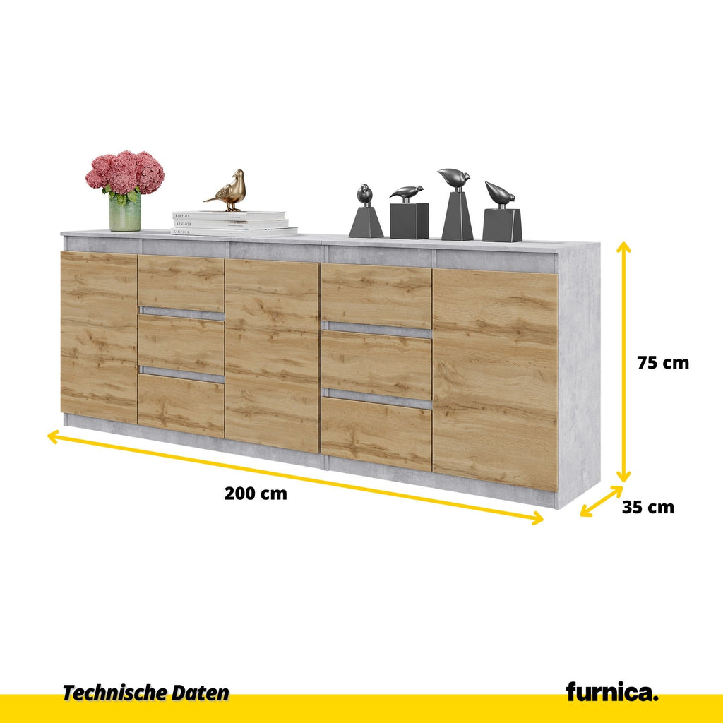 MIKEL - Kommode / Sideboard mit 6 Schubladen und 3 Tür - Beton-Optik / Wotan Eiche H75cm B80cm T35cm