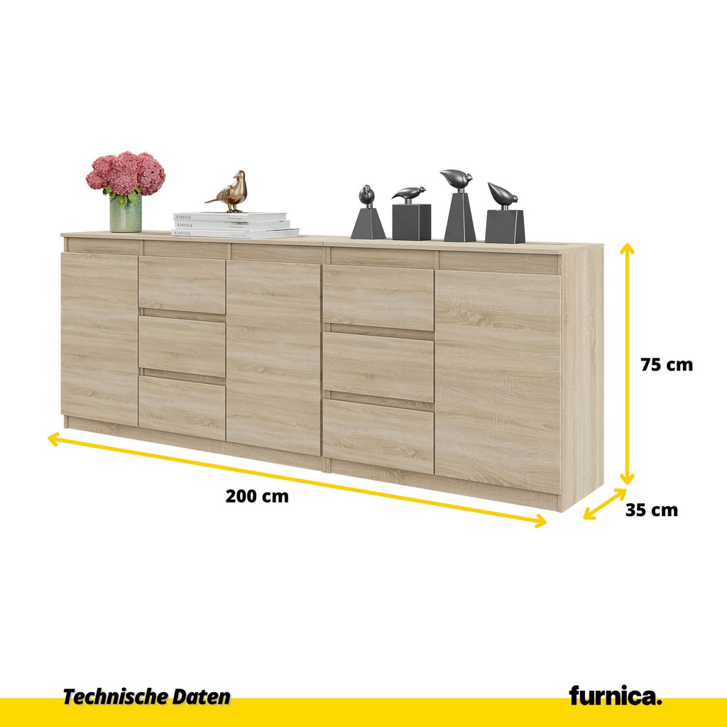 MIKEL - Kommode / Sideboard mit 6 Schubladen und 3 Tür - Sonoma Eiche H75cm B80cm T35cm