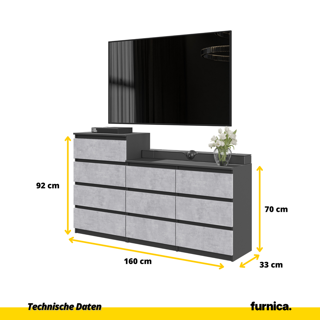GABRIEL - Kommode / Sideboard mit 10 Schubladen (6+4) - Anthrazit / Beton-Optik H92/70cm B160cm T33cm