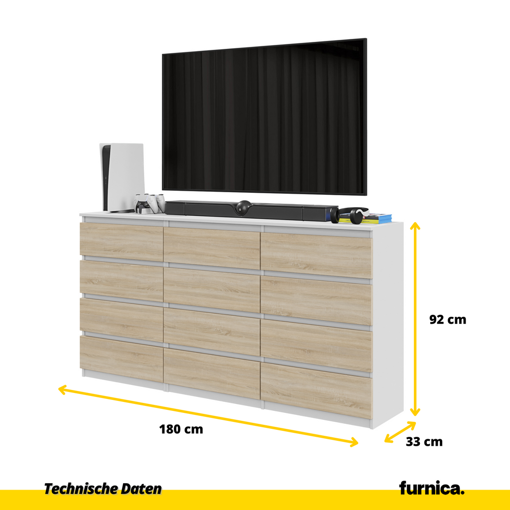 GABRIEL - Kommode / Sideboard mit 12 Schubladen (8+4) - Weiß Matt / Sonoma Eiche H92cm B180cm T33cm