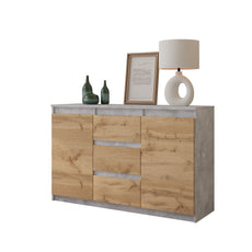 MIKEL - Kommode / Sideboard mit 3 Schubladen und 2 Türen - Beton-Optik / Wotan Eiche H75cm B120cm T35cm
