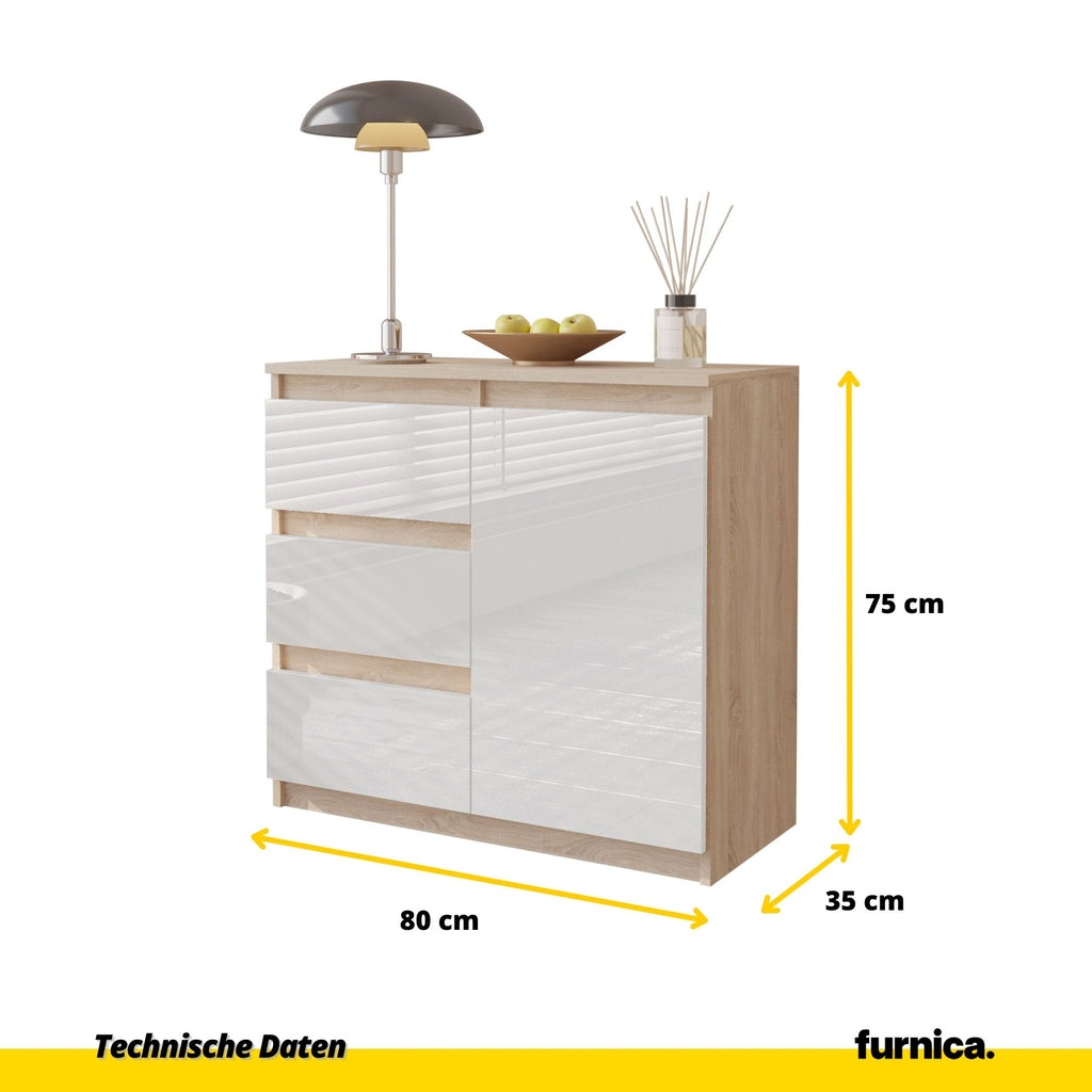 MIKEL - Kommode / Sideboard mit 3 Schubladen und 1 Tür - Sonoma Eiche / Weiß Gloss H75cm B80cm T35cm