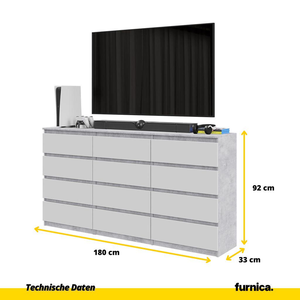 GABRIEL - Kommode / Sideboard mit 12 Schubladen (8+4) - Beton-Optik / Weiß Matt H92cm B180cm T33cm