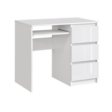 BRUNO - Schreibtisch mit 3 Schubladen und Tastaturablage H76cm B90cm T50cm Rechts - Weiß Matt / Weiß Gloss