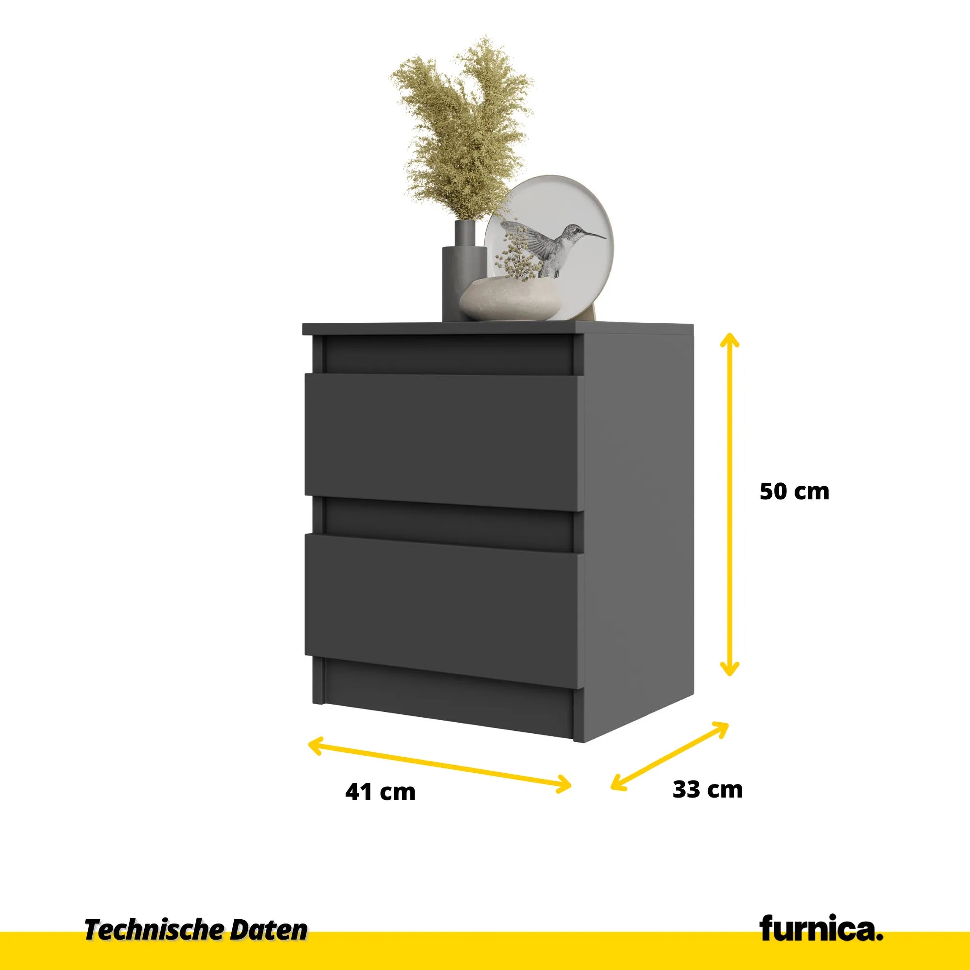 2 Stück GABRIEL BIG - Nachttisch / Nachtschrank mit 2 Schubladen - Anthrazit Grau - H50cm B41cm T33cm – Furnica