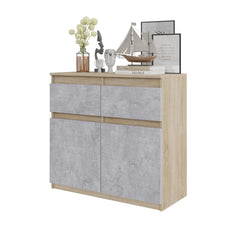 NOAH - Kommode / Sideboard mit 2 Schubladen und 2 Türen - Sonoma Eiche / Beton-Optik H75cm B80cm T35cm