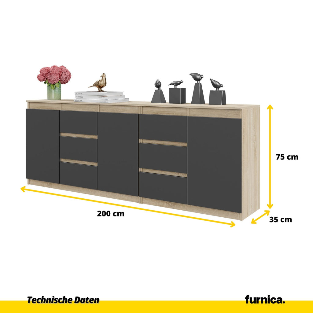 MIKEL - Kommode / Sideboard mit 6 Schubladen und 3 Tür - Sonoma Eiche / Anthrazit H75cm B80cm T35cm