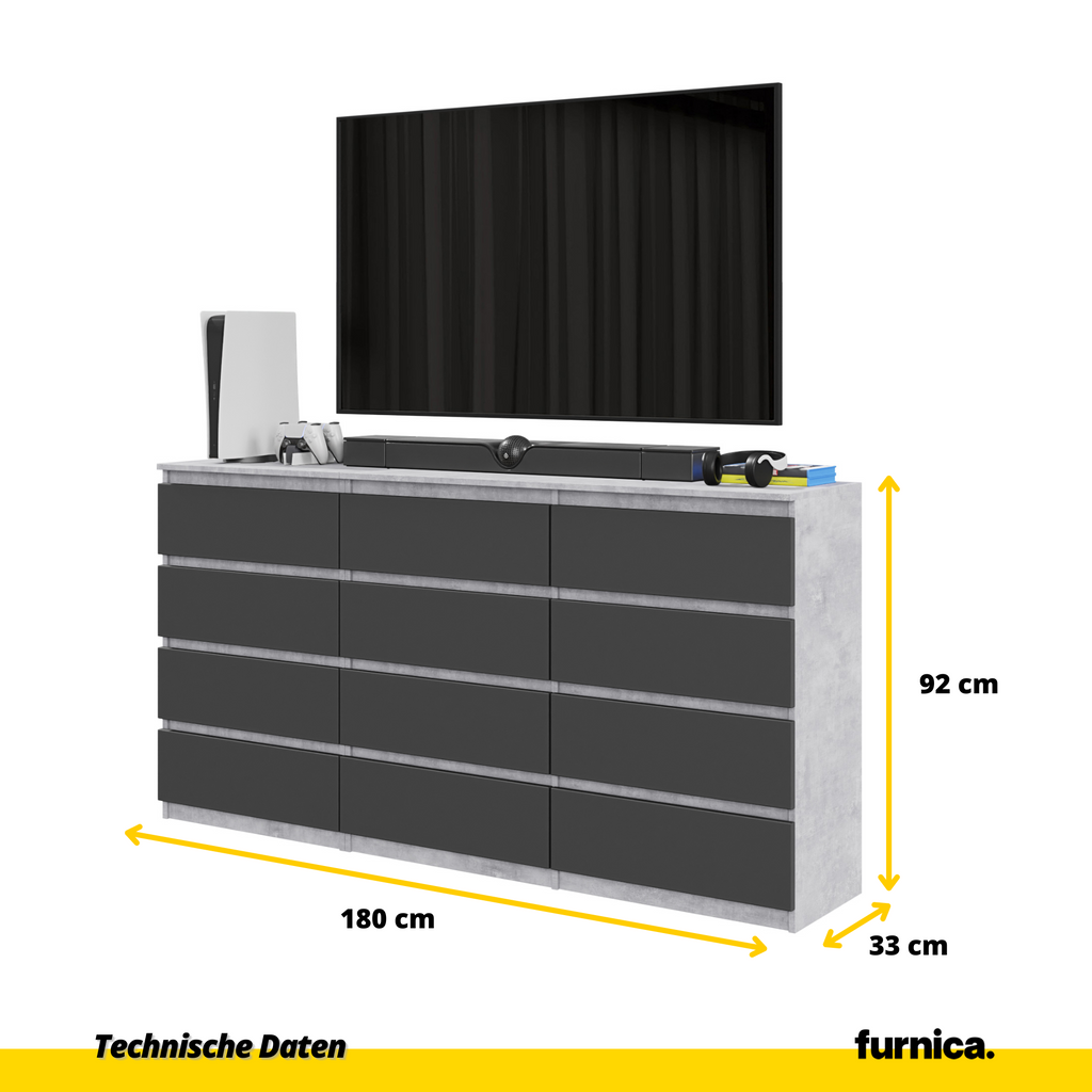 GABRIEL - Kommode / Sideboard mit 12 Schubladen (8+4) - Beton-Optik / Anthrazit H92cm B180cm T33cm