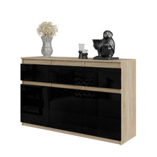 NOAH - Kommode / Sideboard mit 3 Schubladen und 3 Türen - Sonoma Eiche / Schwarz Gloss H75cm B120cm T35cm