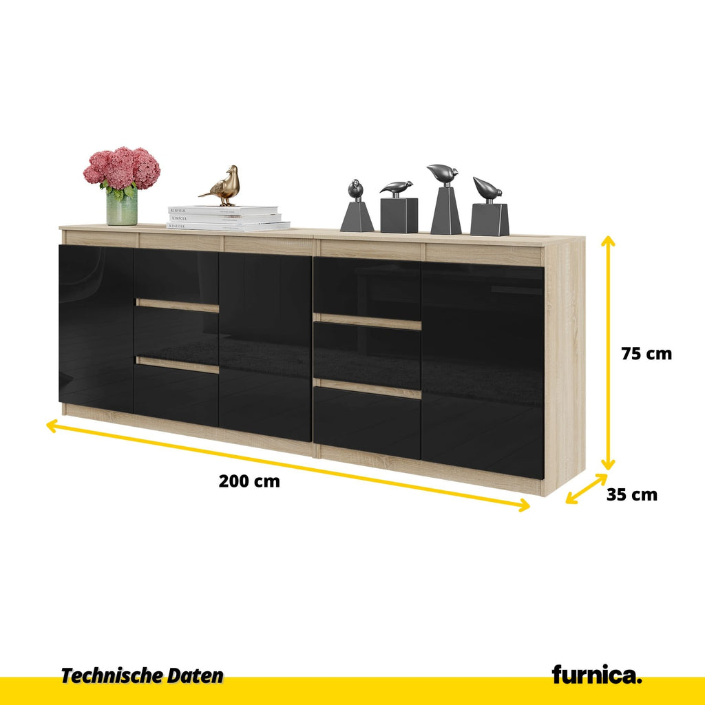 MIKEL - Kommode / Sideboard mit 6 Schubladen und 3 Tür - Sonoma Eiche / Schwarz Gloss H75cm B80cm T35cm