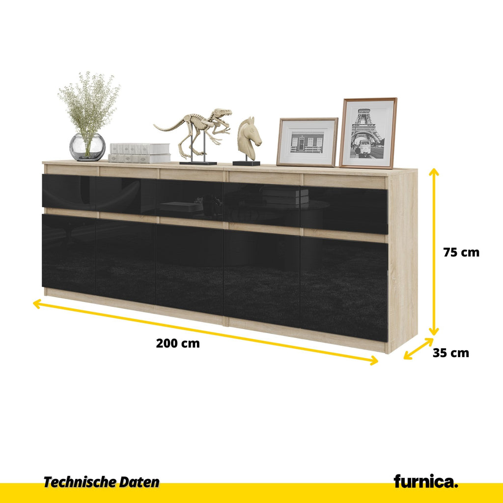 NOAH - Kommode / Sideboard mit 5 Schubladen und 5 Tür - Sonoma Eiche / Schwarz Gloss H75cm B80cm T35cm