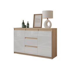MIKEL - Kommode / Sideboard mit 3 Schubladen und 2 Türen - Sonoma Eiche / Weiß Gloss H75cm B120cm T35cm
