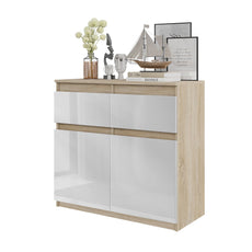 NOAH - Kommode / Sideboard mit 2 Schubladen und 2 Türen - Sonoma Eiche / Weiß Gloss H75cm B80cm T35cm