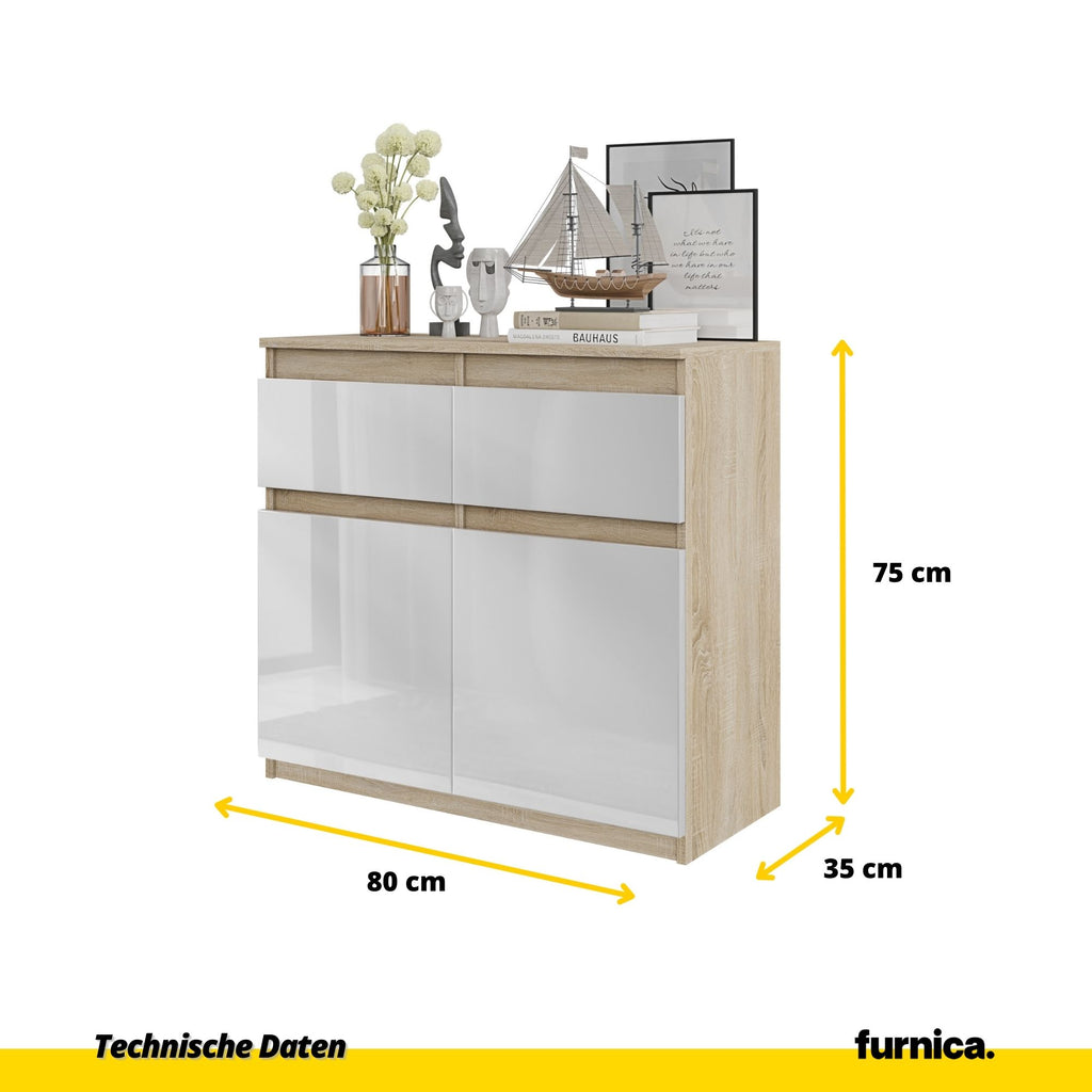 NOAH - Kommode / Sideboard mit 2 Schubladen und 2 Türen - Sonoma Eiche / Weiß Gloss H75cm B80cm T35cm