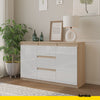 MIKEL - Kommode / Sideboard mit 3 Schubladen und 2 Türen - Sonoma Eiche / Weiß Gloss H75cm B120cm T35cm