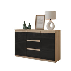 MIKEL - Kommode / Sideboard mit 3 Schubladen und 2 Türen - Sonoma Eiche / Schwarz Gloss H75cm B120cm T35cm