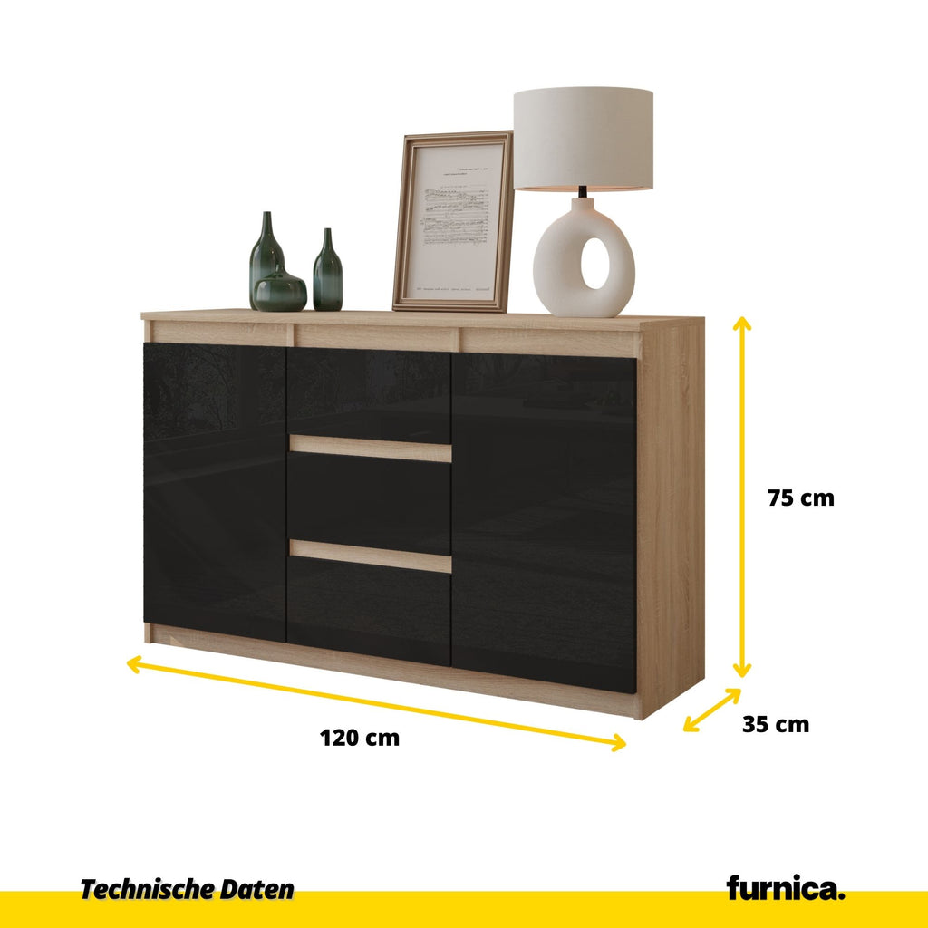 MIKEL - Kommode / Sideboard mit 3 Schubladen und 2 Türen - Sonoma Eiche / Schwarz Gloss H75cm B120cm T35cm