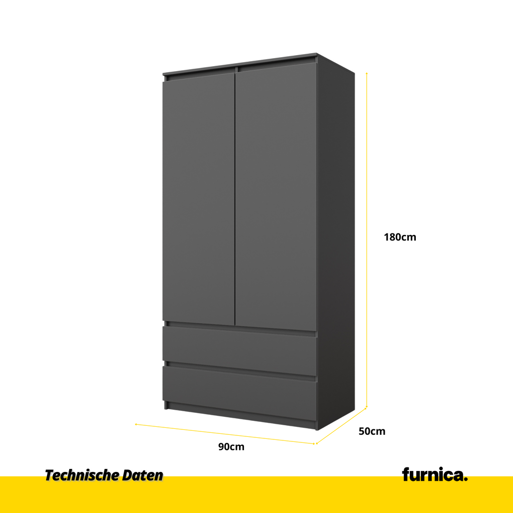 JOELLE - Kleiderschrank mit 2 Türen und 2 Schubladen -  Anthrazit Grau H180cm B90cm T50cm