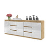 MIKEL - Kommode mit 6 Schubladen und 3 Türen - Schlafzimmer Kommode Aufbewahrung Schrank Sideboard - Wotan Eiche / Weiß Glanz H75cm B200cm T35cm