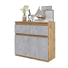 NOAH - Kommode / Sideboard mit 2 Schubladen und 2 Türen - Wotan Eiche / Beton-Optik H75cm B80cm T35cm
