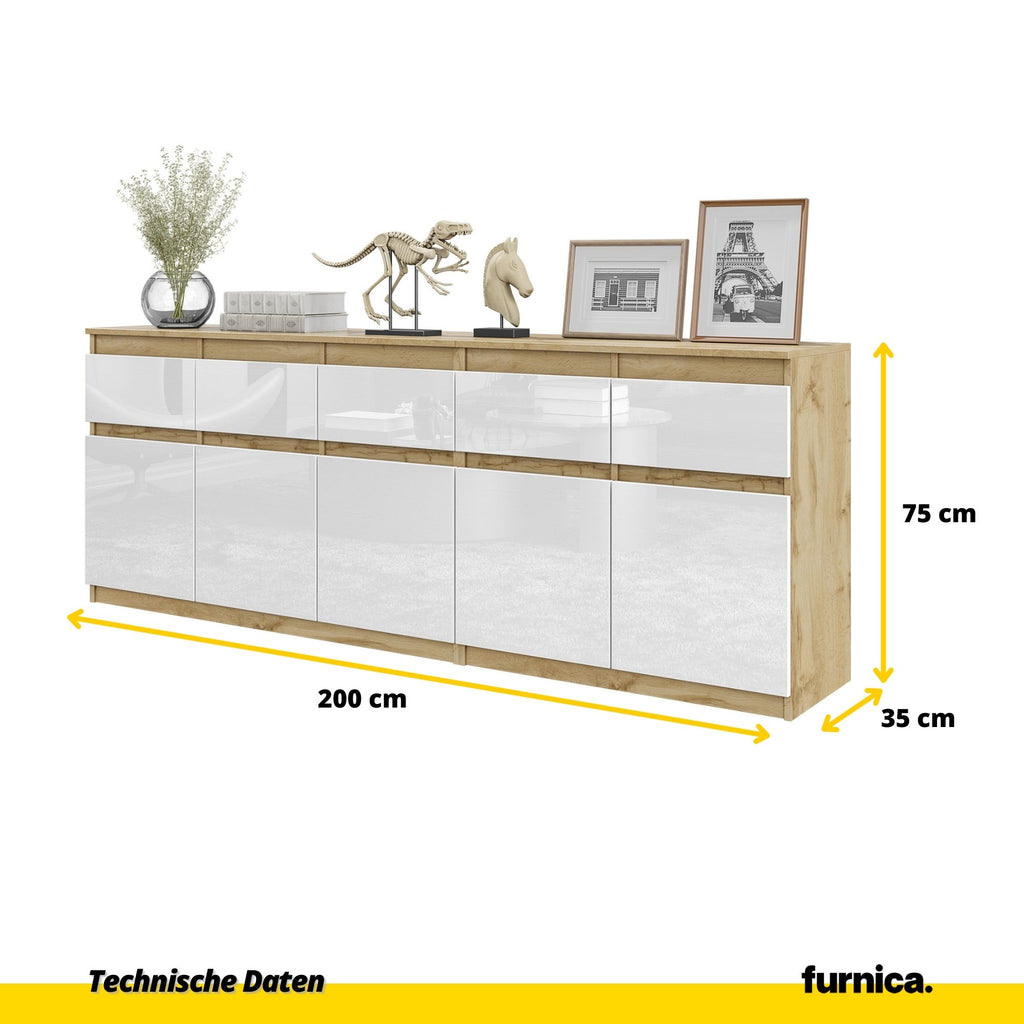 NOAH - Kommode / Sideboard mit 5 Schubladen und 5 Tür - Wotan Eiche / Weiß Gloss H75cm B80cm T35cm