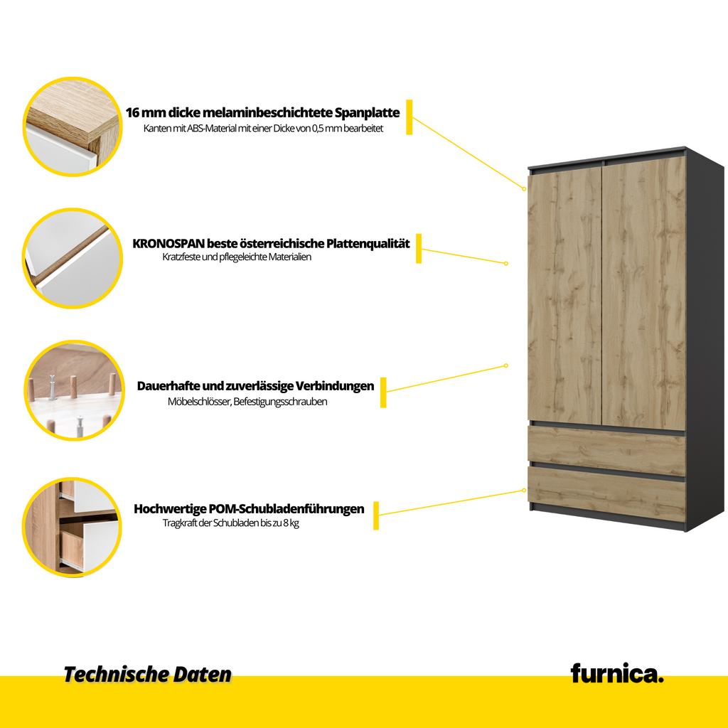 JOELLE - Kleiderschrank mit 2 Türen und 2 Schubladen - Anthrazit Grau / Wotan Eiche H180cm B90cm T50cm