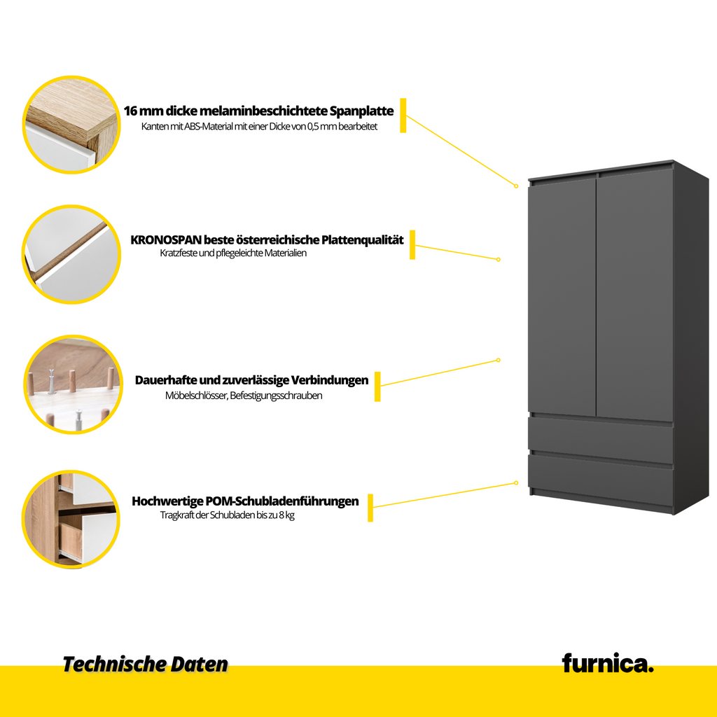 JOELLE - Kleiderschrank mit 2 Türen und 2 Schubladen -  Anthrazit Grau H180cm B90cm T50cm