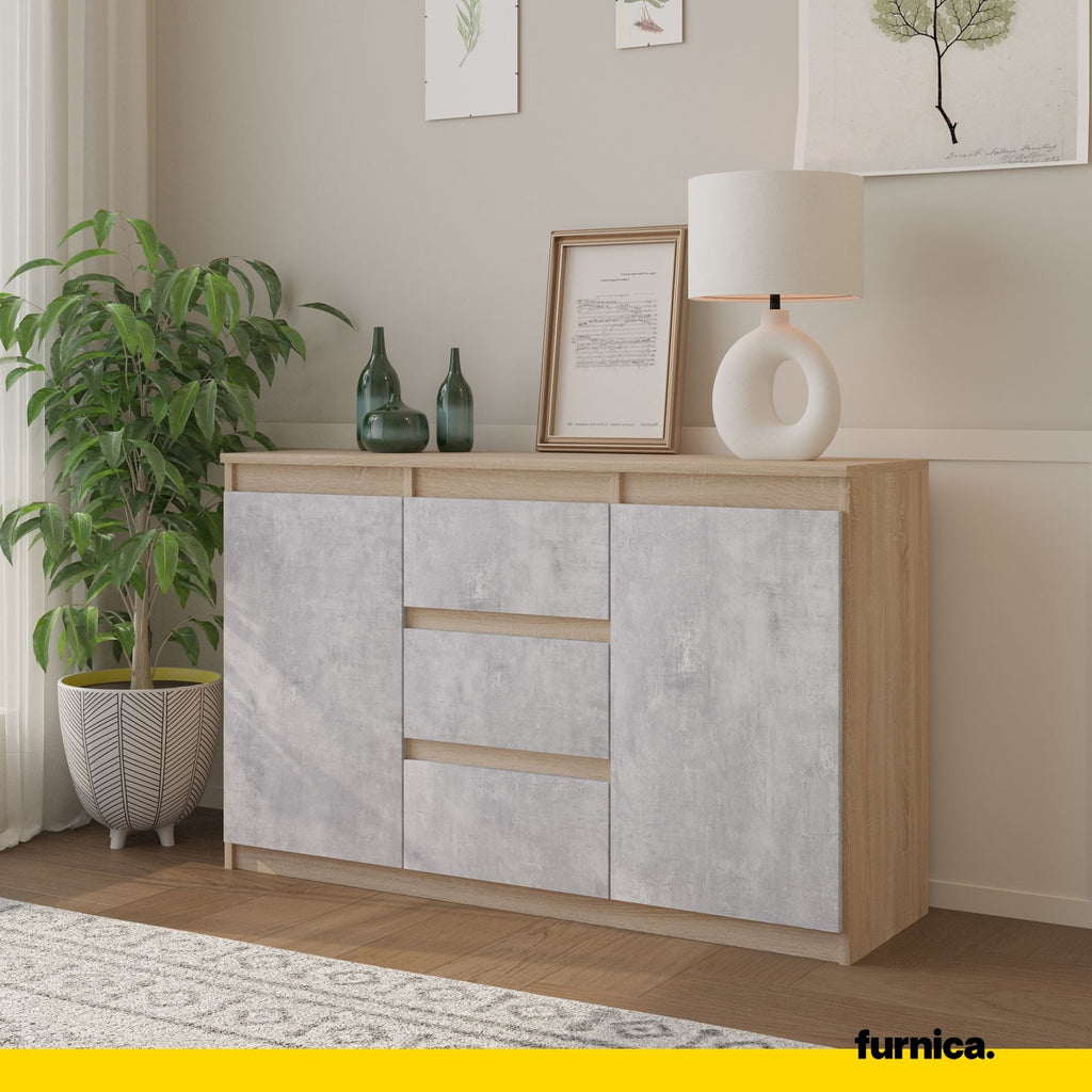 MIKEL - Kommode / Sideboard mit 3 Schubladen und 2 Türen - Sonoma Eiche / Beton-Optik H75cm B120cm T35cm