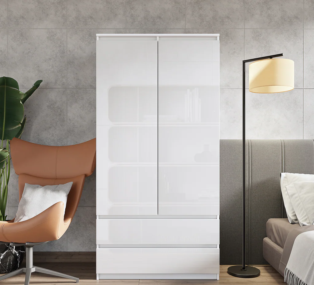 JOELLE - Kleiderschrank mit 2 Türen und 2 Schubladen -  Weiß Matt / Weißglanz H180cm B90cm T50cm